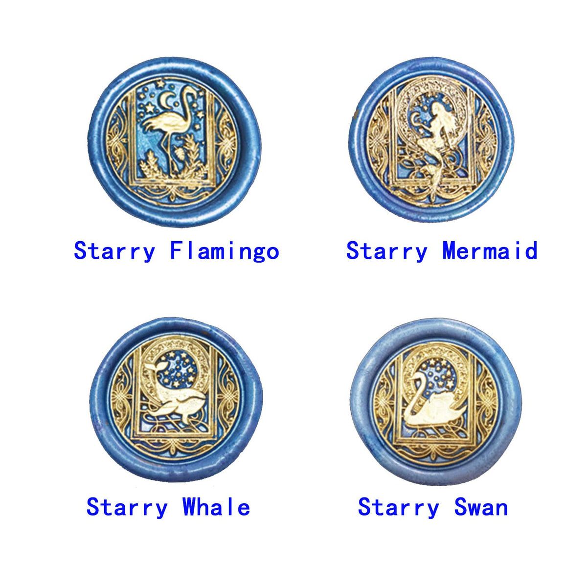 Wax Seal Stamp Kit With 4 Removable Brass Heads and Wooden Handle - Retro Starry Mermaid, Whale, Flamingo, Swan Sealing for Cards and Invitations