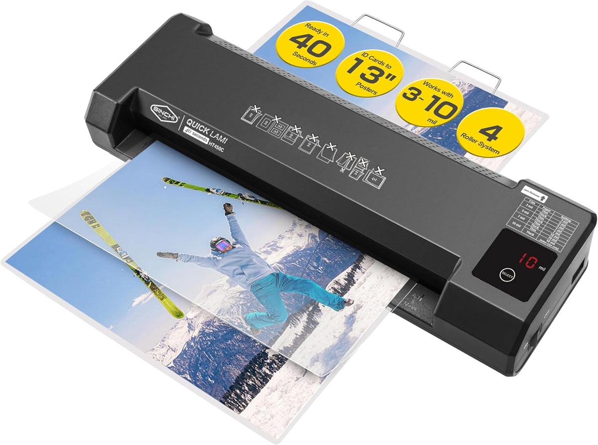 SINCHI 13-Inch Thermal Laminator & Foil Applicator – 4-Roller, 3 to 10 Mil, 40s Warm-Up, 43s/Page, LED Touch Panel, Jam Release, Auto Shut-Off, 10 Sheets Included, For Office, School, Home Use