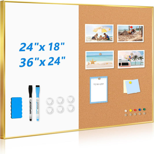 White Board Cork Board Combo, 36'' x 24'', Magnetic Dry Erase Board and Pin Board for Wall, Gold Aluminum Frame Bulletin Board for Home Office School with Accessories