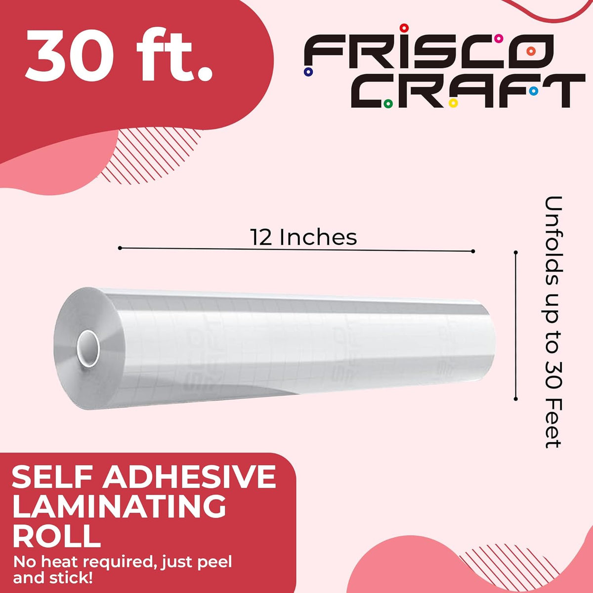 Frisco Craft Transparent Self Adhesive Laminating Roll - Self Laminating Sheets for Decals, Sticker, Photos & More - No Heat Sealing, Glossy, Clear Sheets (12" x 30 ft)