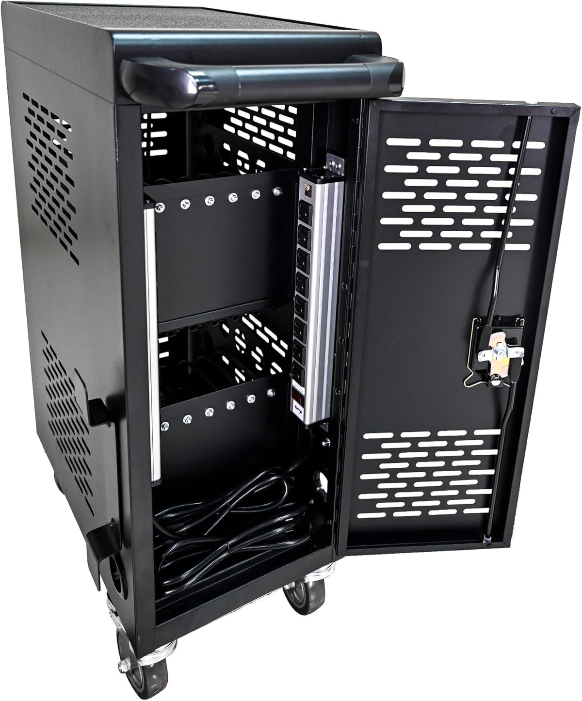 16-Device Mobile Charging Cart with Charging Power Strip and Front and Rear Access Locks, Cable Management, Up to 14", Safe Charging Cabinet for Chromebooks, Tablets, Laptops Black