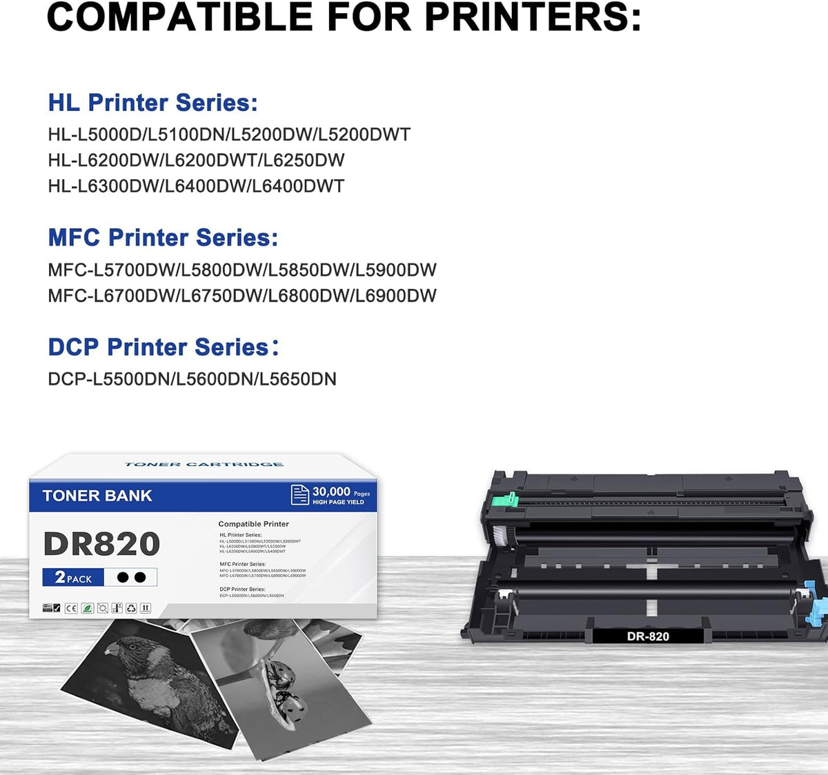 DR820 Drum Unit DR-820 DR 820 HL-L6200DW Compatible Replacement for Brother DR820 for HL-L6200DW HLL6200DW L6200DW MFC-L5850DW MFC-L5900DW MFC-L5700DW HL-L5200DW L5200DWT Printer Drum Unit 2PK