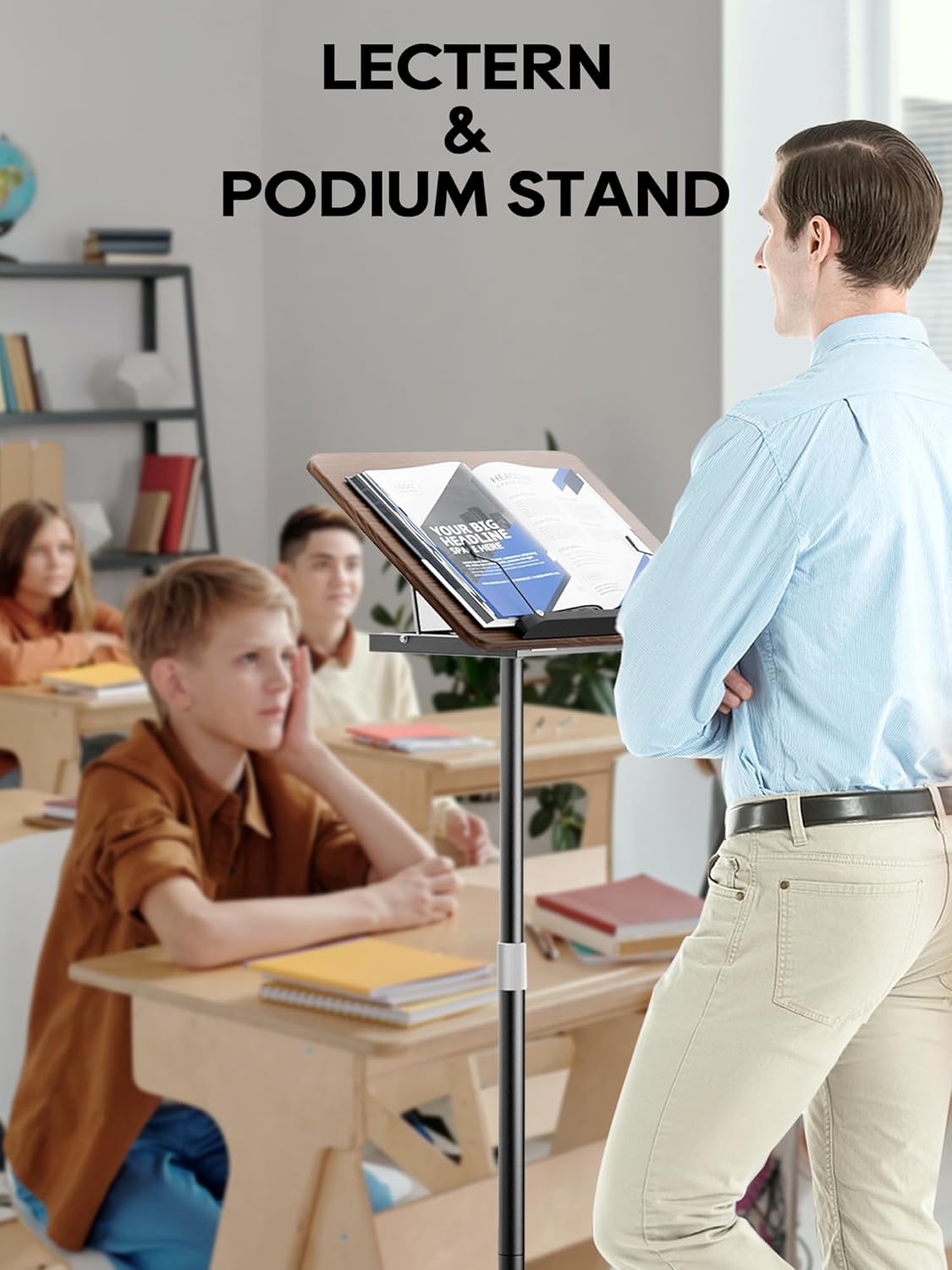 Lectern Podium Stand - Dual-Use Floor and Desktop Book Holder Stand, Height Adjustable Podium Lectern for Church, Weddings,Speech,Classroom-Black