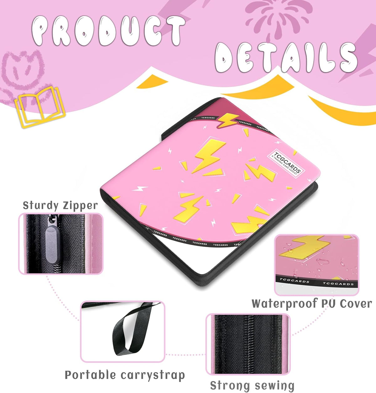 Trading Card Binder 4 Pocket，Card Binder 400 Pockets Card Book Holder Cards with 50 Removable Sleeves，3-Ring Zip Design MTG/TCG/Sport Collectible Trading Card Albums Gifts for Boys and Girls (Pink)