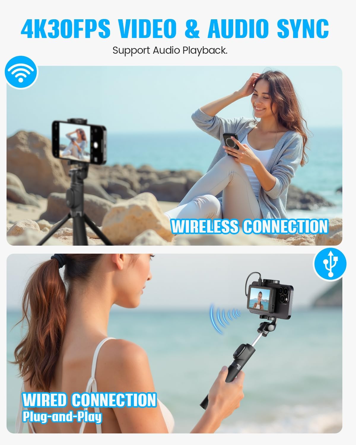 Vlog Selfie Monitor Screen, Magnetic Phone Selfie Screen 4K/1080p 60fps Bluetooth Remote, Back Camera Monitor Built-in Speaker for Vlog Live Stream TikTok (Black)