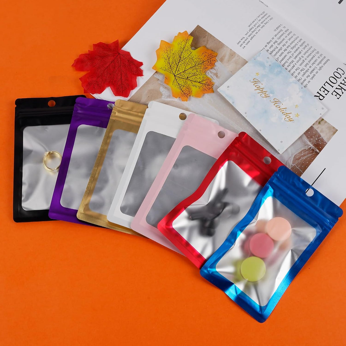 400 Pack 4 Sizes Resealable Mylar Holographic Bags Food Storage Smell Proof Bags with Front Window, Zipper Foil Packaging Pouch for Sample Jewelry Small Business (Black,3x4.7,3.1x5.5,4x 6,4.7x 7.9in)
