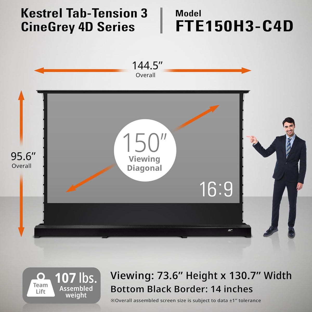 Elite Screens Kestrel Tab-Tension 3 CineGrey 4D, 150 inch 16:9, Standard Throw ISF Ceiling Ambient Light Rejecting (CLR/ALR) Electric Floor-Rising Projector Screen, Programmed Remote Kit, FTE150H3-C4D