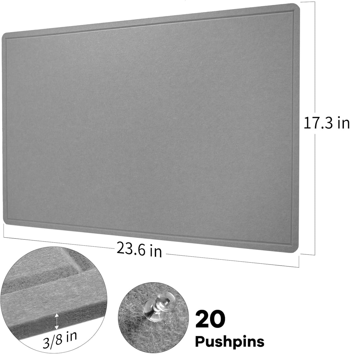 Bulletin Board, 24 x 18 inches Felt Board Decorative Pin Board, Cork Board Alternative for Wall, Foldable Photo Board Self-Adhesive Vision Board Mood Board with 20 Pushpins - Gray