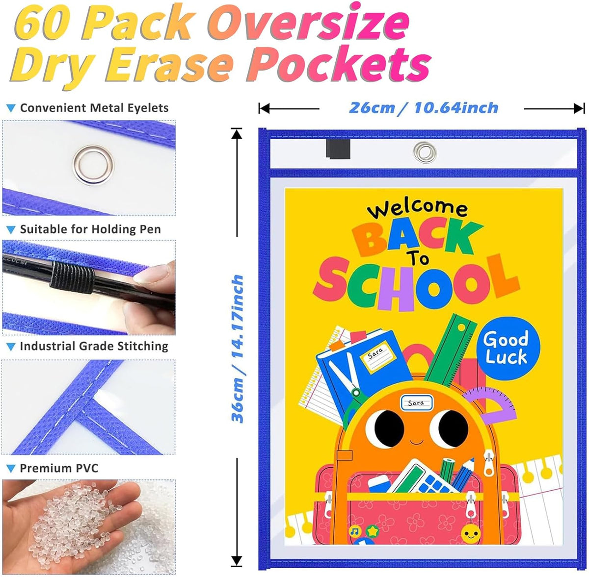60 Packs Dry-Erase Pockets Bulk Oversized Reusable Dry Erase Pocket Sleeves with 4 Rings, 12 Assorted Colors 10x14 Ticket Holders, Clear Plastic Sheet Protectors, Teacher School Classroom Supplies