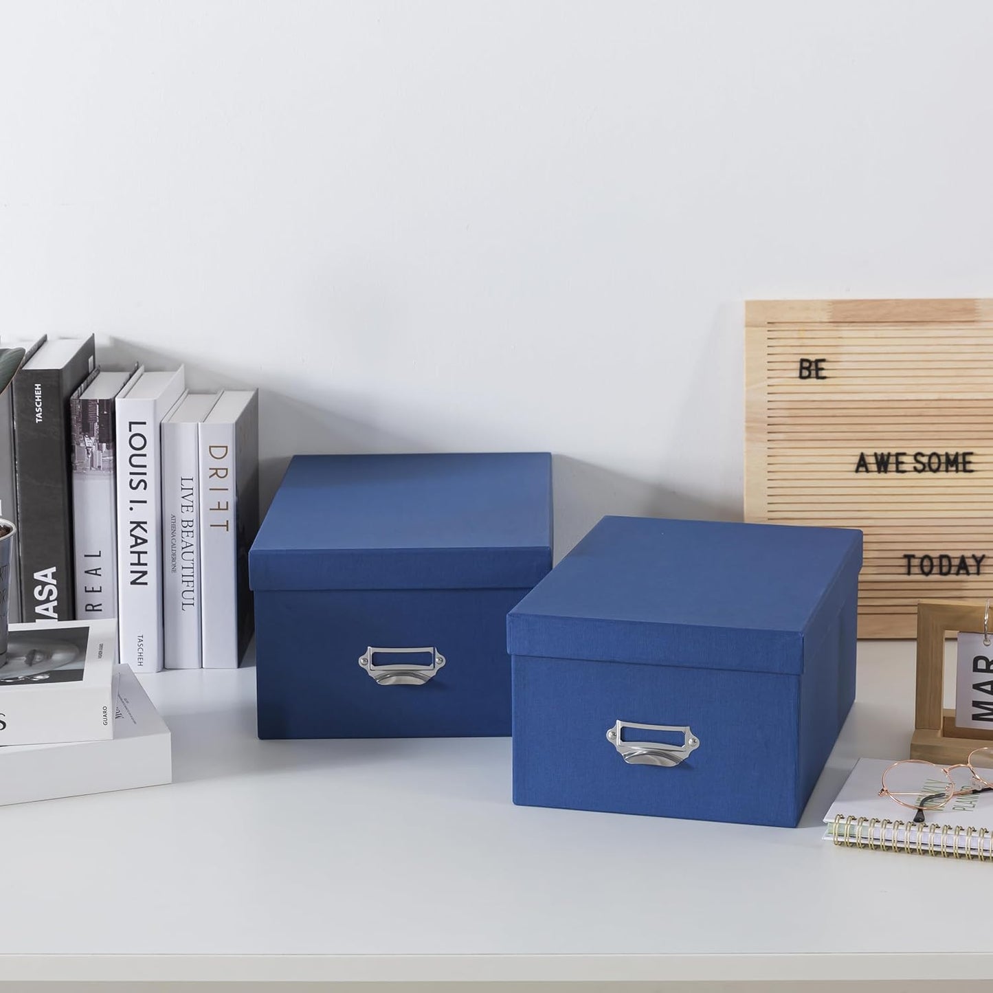 Soul & Lane Blue Decorative Cardboard Storage Boxes with Lids, Set of 2 Stacking Keepsake Photo and Memory Boxes for Home & Office, Elegant Paperboard Organizers with Label Holders and Drawer Pulls