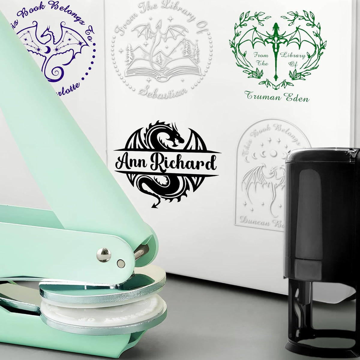 Book Embosser Custom Embosser Stamp with Your Name or Design Personalized Library Embosser Stamp Customized Books Business Cards Paper Documents Notebooks etc. (Dragon Theme - 06)
