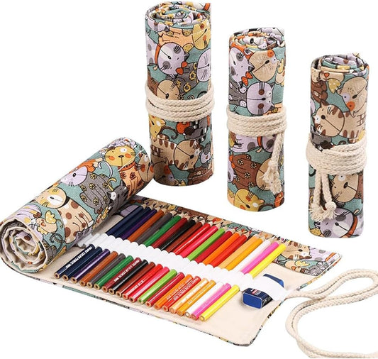 DIYOMR 12/24/36/72 Slots Pencil Wrap Pencil Rolls, Artist Colored Pencil Roll Up Bag Short Brush Pouch Case Pencils Organizer for Drawing Coloring and Sketching, No Pencils (Cuddly Cat, 12slots)