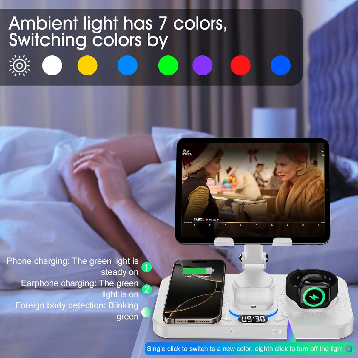 30W Charging Station for Apple Products, Foldable Wireless Charger with Clock Display&7 Color Light, Wired Charging for iPad/Tablet Charging Station for iPhone17, for Apple Watch10 for AirPods4(White
