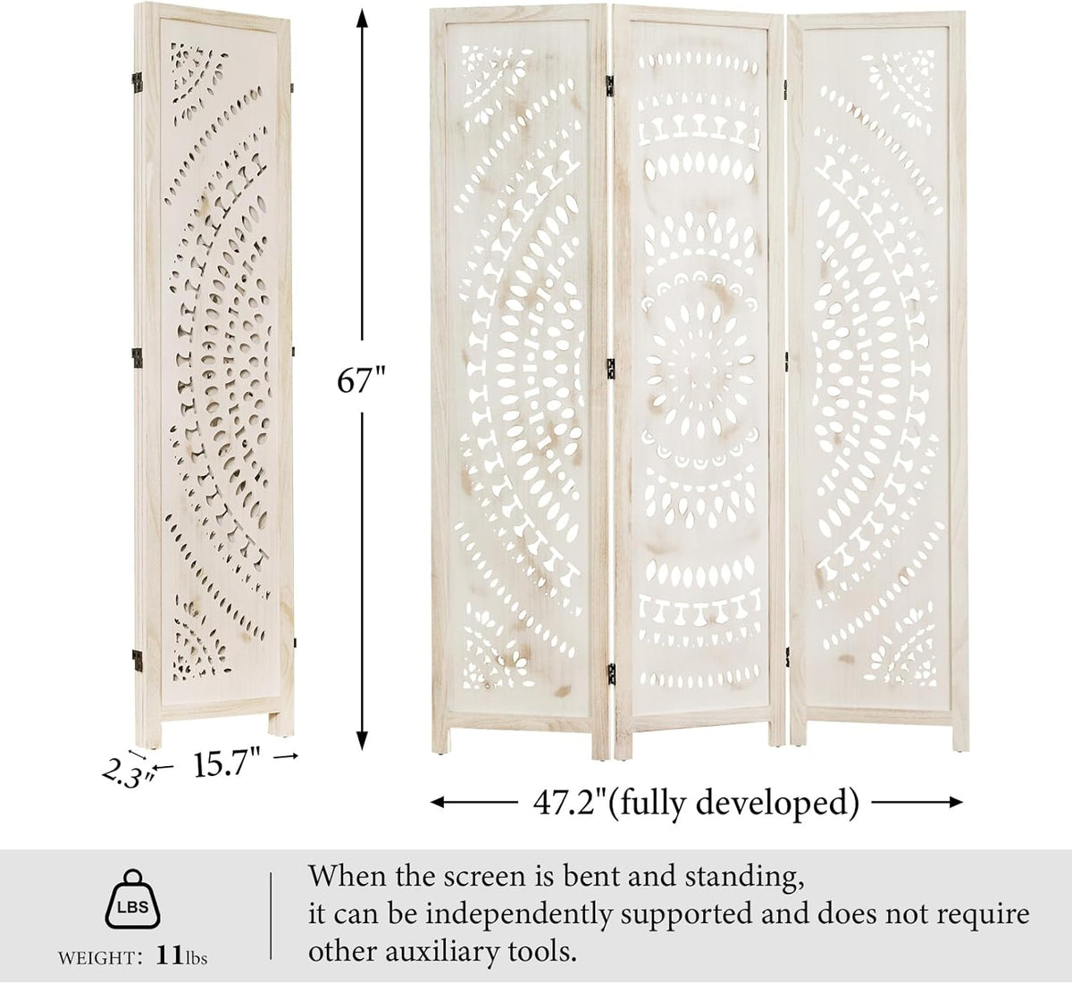 66.9Inch Folding Room Divider, 3 Panels Wood Carved Privacy Screens, Free Assembled Freestanding Partition for Home Office Restaurant Bedroom (White-Washed)