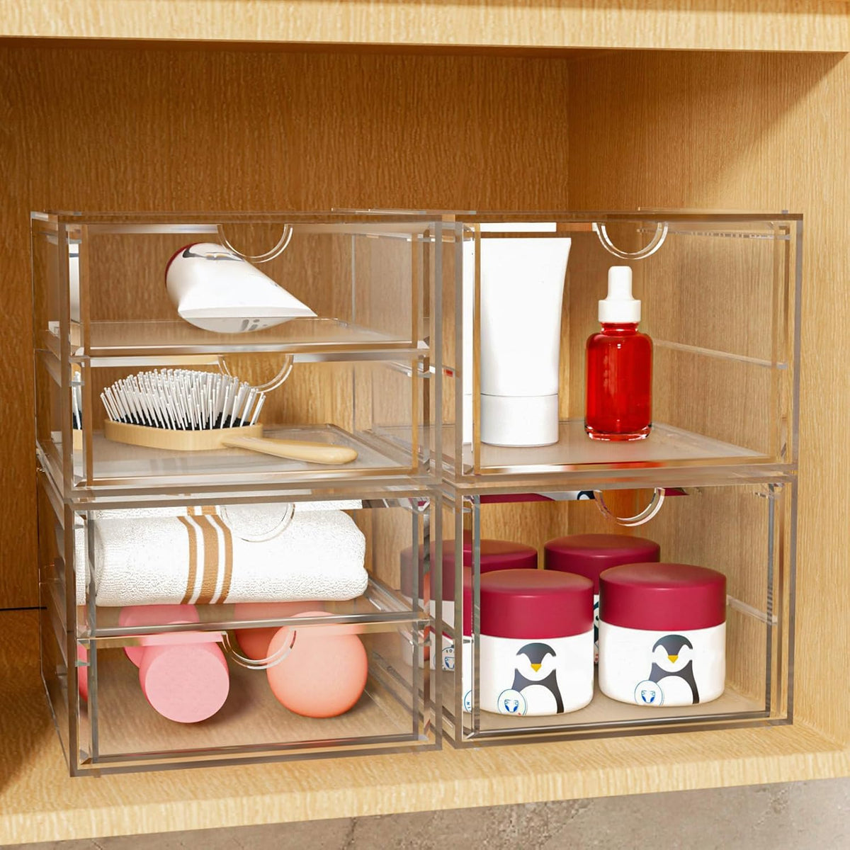 Acrylic Makeup Organizer, 4 Pack Drawer Organizer - Transparent Desktop Storage for Cosmetics, Office Supplies & More - Clear Organizer for Home & Office Use