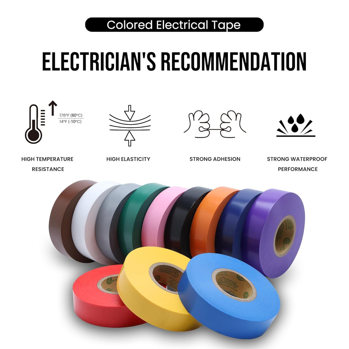 Lichamp 12 Pack Colored Electrical Tape Waterproof, 3/4 in x 66ft, Industrial Grade UL/CSA Listed High Temp Electrical Tape Colors Electric Super Vinyl, 1275C1