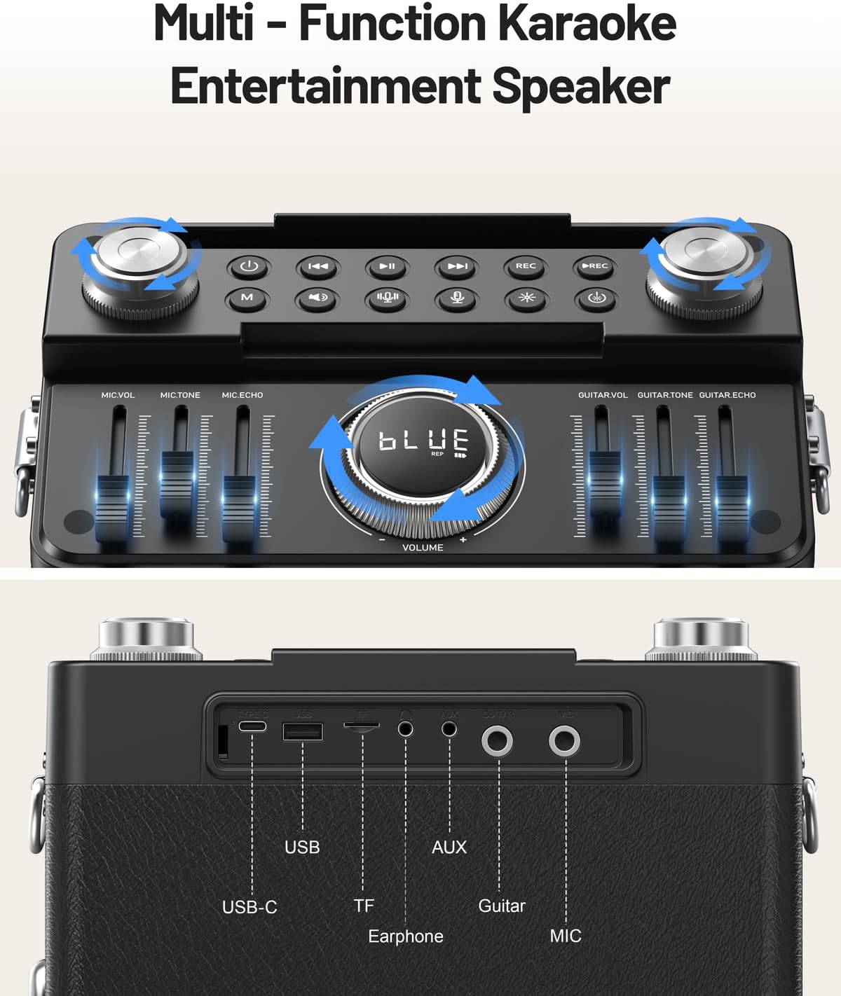 Professional Karaoke Machine for Adults with Bluetooth 5.3, 2 Wireless Mics, Portable Wooden Speaker PA System with Bass/Treble Adjustment for Backyard, Home Parties and Camping-Blue