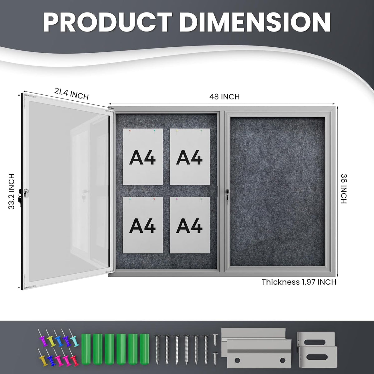 48"x36" Lockable Enclosed Bulletin Board, Outdoor Flet Weather-Resistant Aluminum Frame Notice Board, Wall Mounted Display Case Acrylic Doors for School,Office,Silver Frame w/Grey Flet