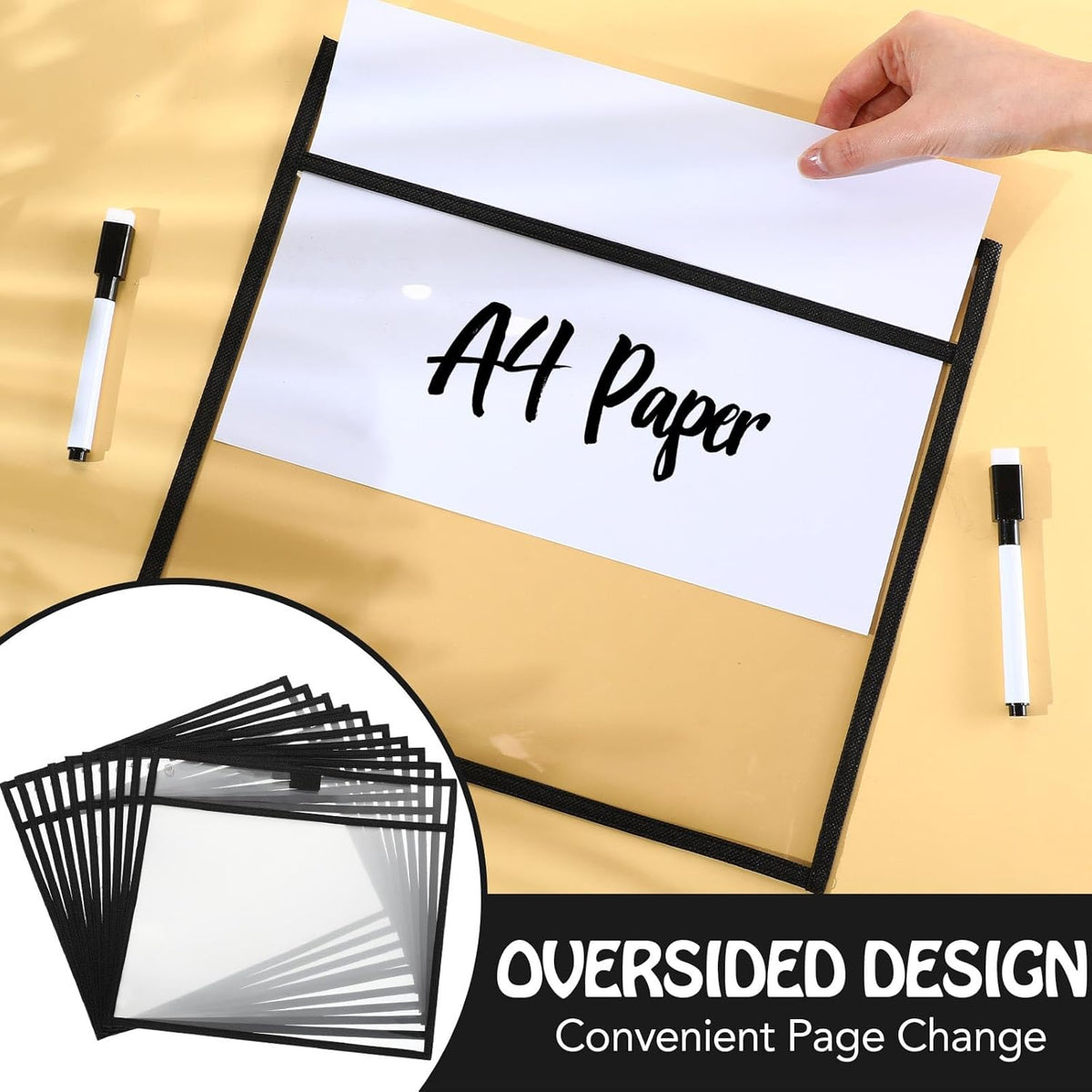 Teling 150 Pcs Dry Erase Pockets Bulk Reusable Job Ticket Holders Clear Plastic Sleeve Protector Work Order Sleeve Shop Ticket Holder for Welcome Teacher Back Office Supplies(11.5 x 12.5'',Black)