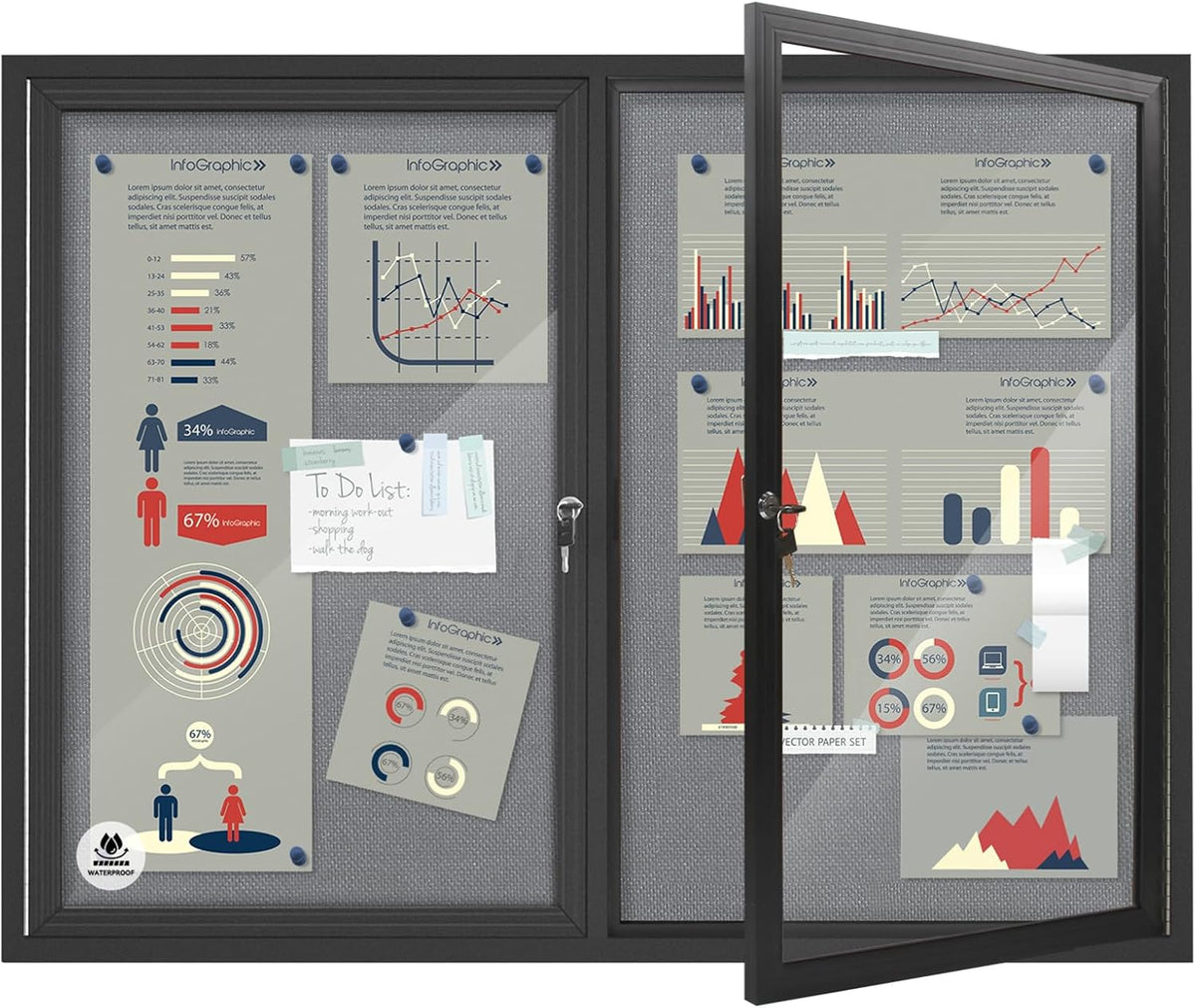 Weatherproof Enclosed Bulletin Board 44x32 Inch, Lockable Wall-Mounted Outdoor Grey Felt Noticeboard, Aluminum Frame Weather-Resistant Display Case for Office, School, Community