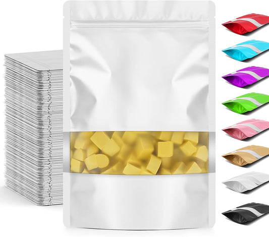 Funfery 100 Pcs Smell Proof Packaging Bags,Mylar Clear Bags for Food Storage,Sealable Bag for Packaging,Stand Up Pouches with Window,ReSealable Bag for Small Business,Cookies,Candy(White,4x6in)