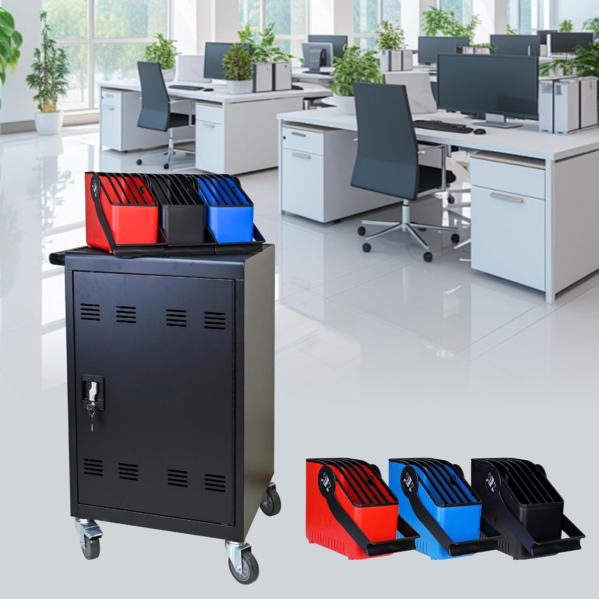 32 Device Charging Cart, Laptop and Tablet Storage Cart, Holds Up to 14" with 6 5-Device Storage Baskets, Cord Management, Front and Rear Access Locking, for Classroom or Office.Black