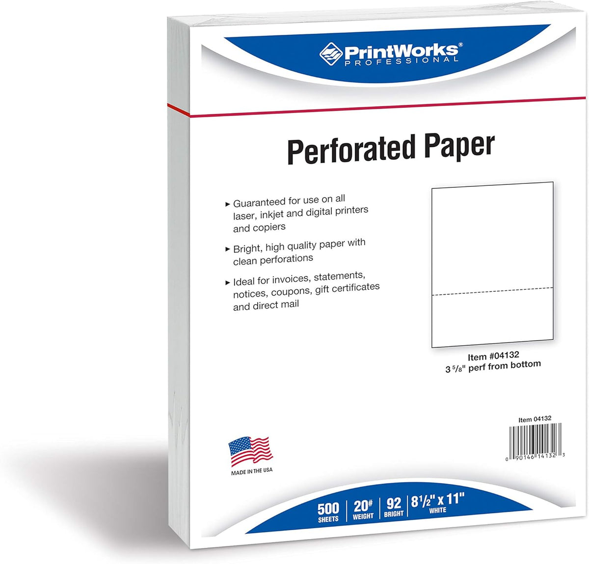 PrintWorks Professional 3 5/8" Horizontal Perforated Paper 8.5” x 11” - Perfect For W-2, 1099, & Statement Use - Made in the USA - 500 Sheets - 24 lb - Printer Compatible - White (04134)