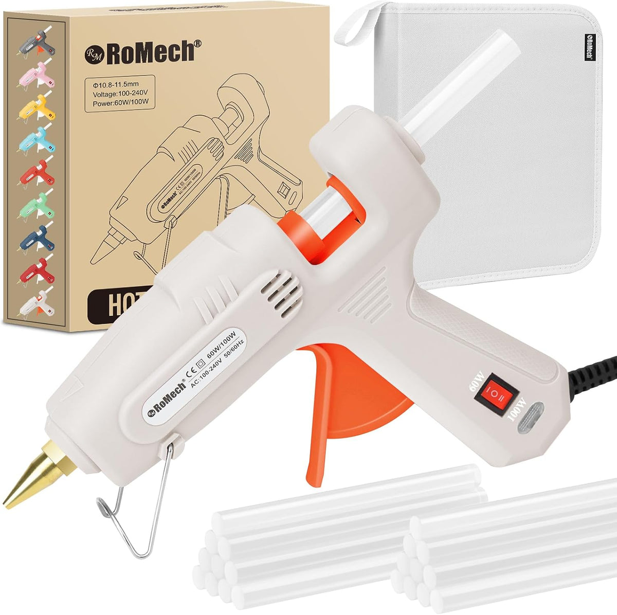 ROMECH Full Size Hot Glue Gun with 60/100W Dual Power and 21 Hot Glue Sticks (7/16"), Fast Preheating Heavy Duty Industrial Gluegun with Storage Case for Crafting, DIY and Repairs (White)