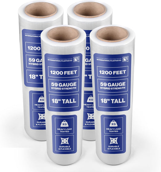 International Plastics Co. 18" Plastic Stretch Film/Wrap 1200ft 500% Stretch Clear Cling Durable Adhering Packing Moving Packaging Heavy Duty Shrink (18" - 17" Styles, 8 Pack)