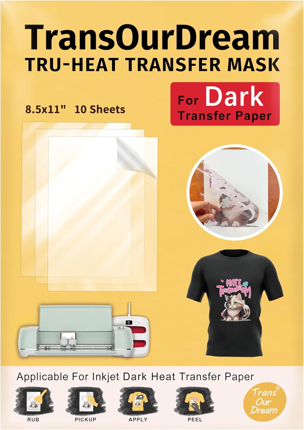 TransOurDream Tru-Heat Transfer Mask for Dark T Shirts Transfer Paper (10 Sheets, 8.5"x11") Clear Iron on Transfer Tape for Printable HTV Vinyl (TAPD-10)