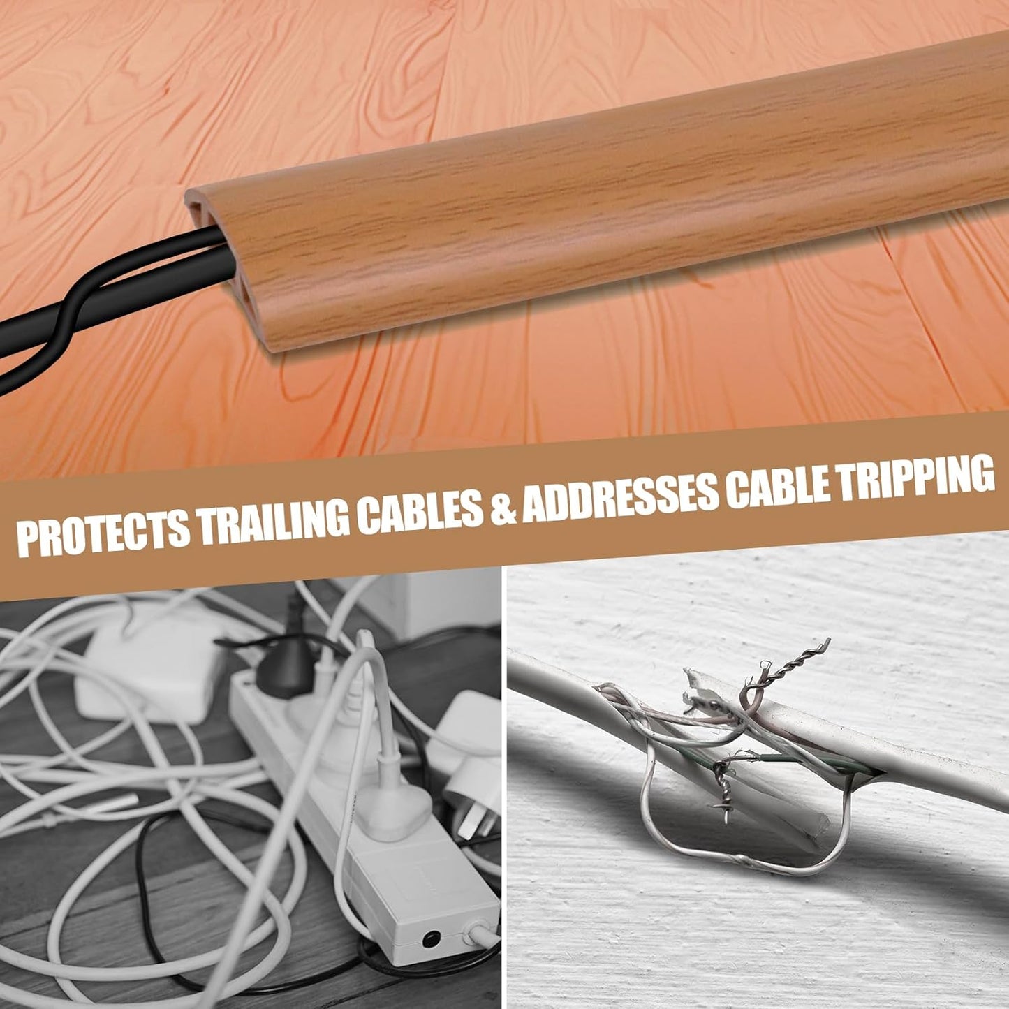 Floor Cord Cover Self Adhesive Cord Hider,20FT Cable Management, Extension Strip Protector for Wires, Prevent Cable Trips for Offices, Gyms, Exhibitions Cavity:0.39"(W) x 0.27"(H) Brown Wood