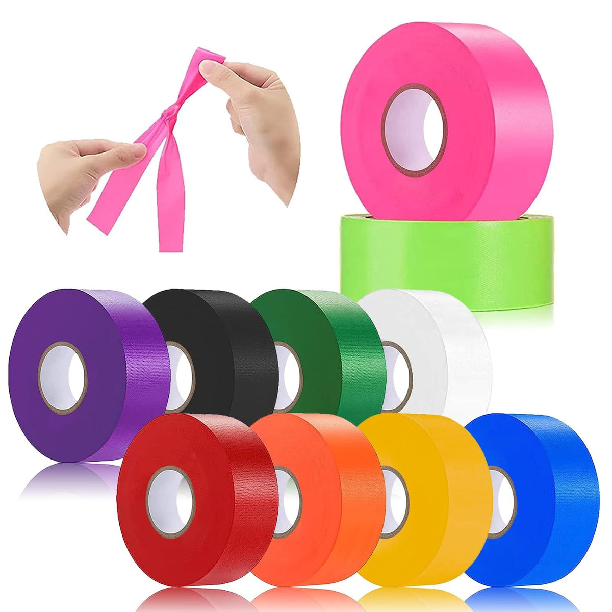 10 Pack Flagging Tape 10 Assorted Colors, Non-Adhesive Plastic Ribbon Neon Marking,1"*2000' Marking Tape for Tree Marking, Hunting, Boundaries and Hazardous Areas,Trail Marking