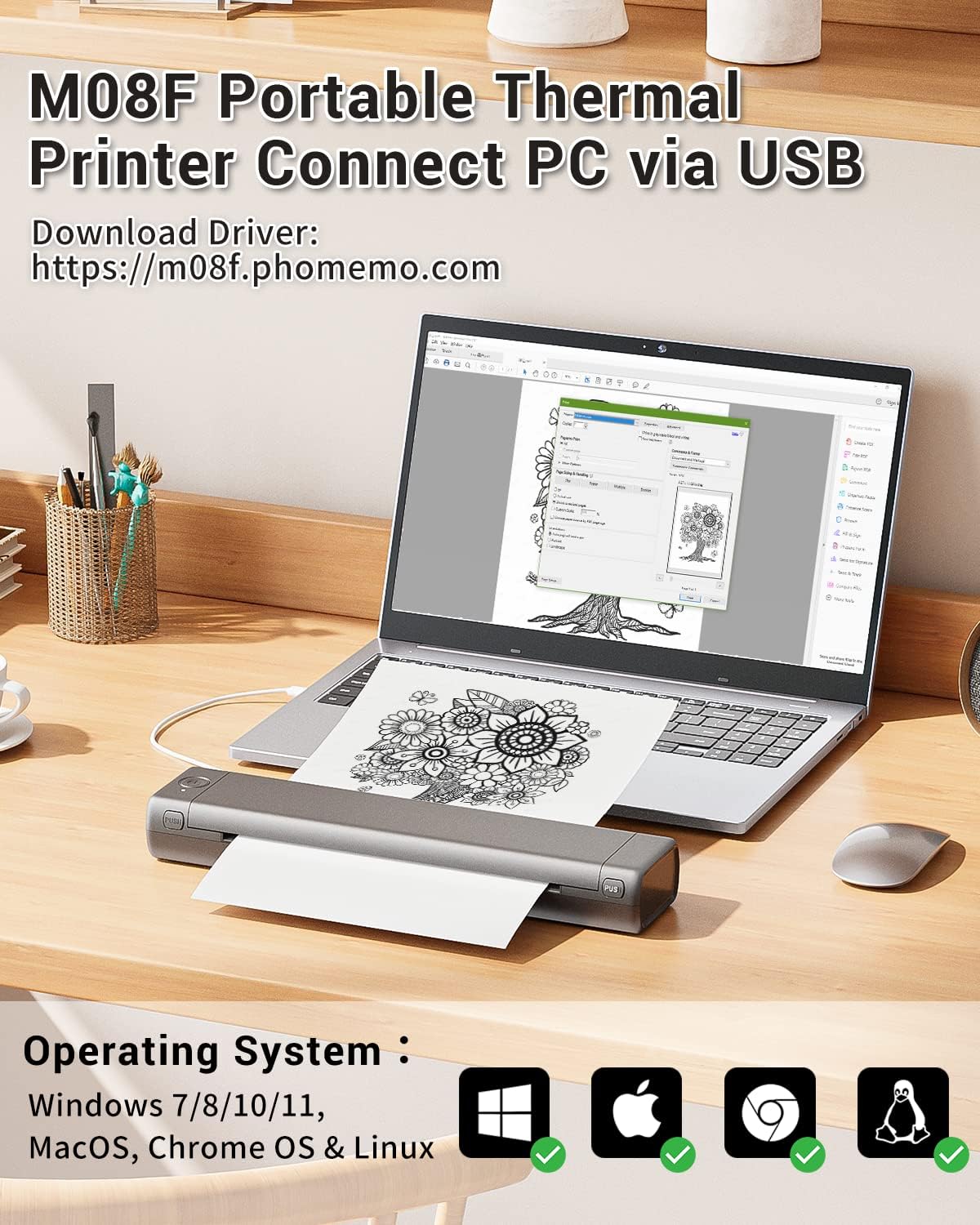 Phomemo Inkless Portable Printer for Travel - Wireless Thermal Printer Compatible with Phone & Laptop, Bluetooth Printers Supports 8.5" X 11" Letter Thermal Paper, Come with Carry Case