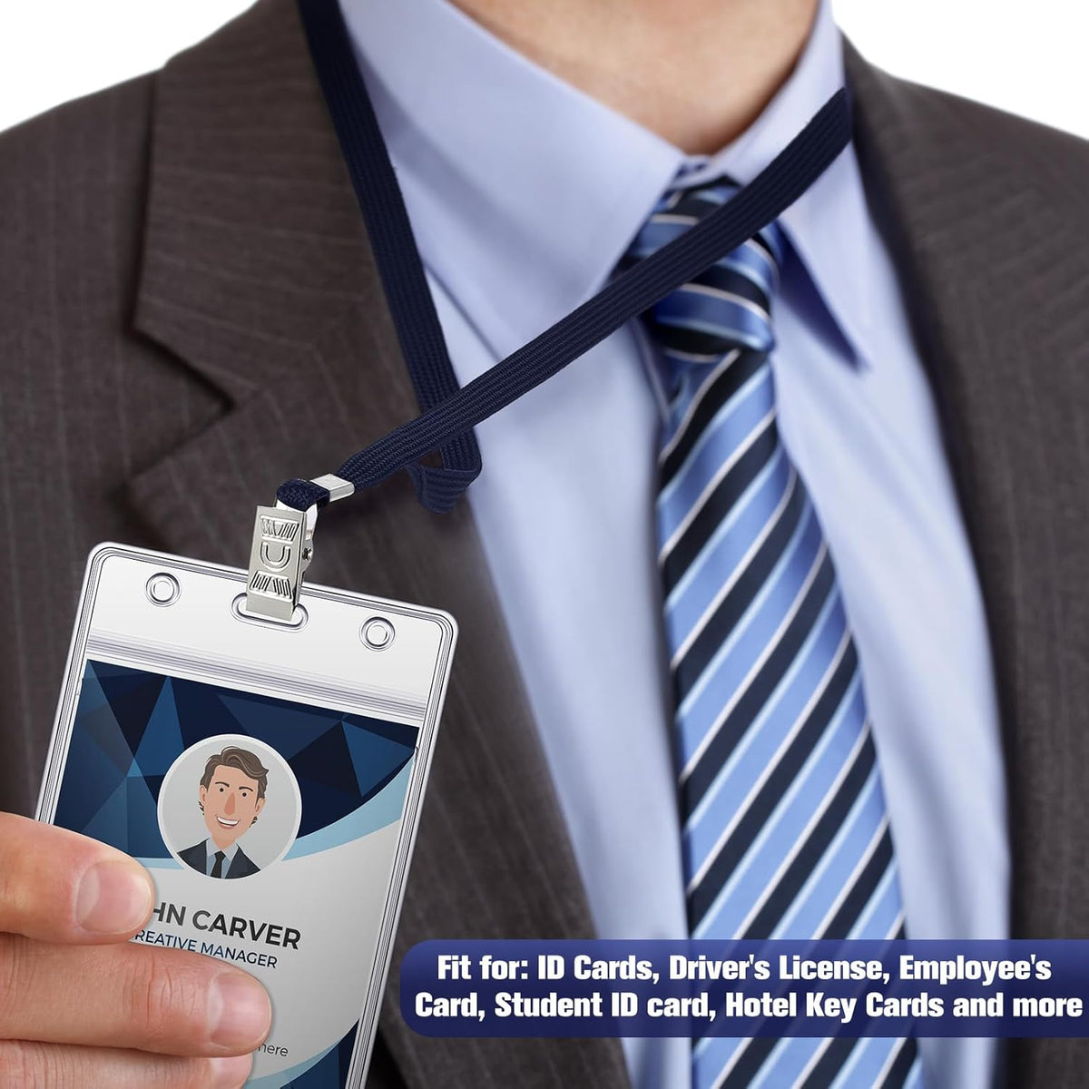 Marspark 100 Pcs Name Tag Lanyards with ID Holder Lanyards for ID Badges Resealable Flat Neck Name Tag with Clip Waterproof Plastic Clear Badges Bulk for School Office Supplies (Dark Blue)