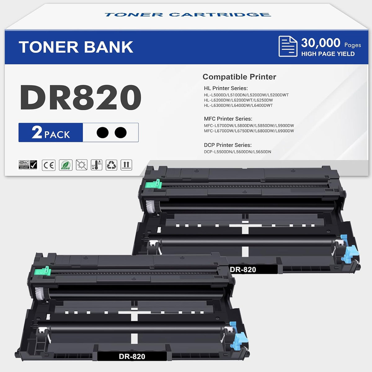 DR820 Drum Unit DR-820 DR 820 HL-L6200DW Compatible Replacement for Brother DR820 for HL-L6200DW HLL6200DW L6200DW MFC-L5850DW MFC-L5900DW MFC-L5700DW HL-L5200DW L5200DWT Printer Drum Unit 2PK