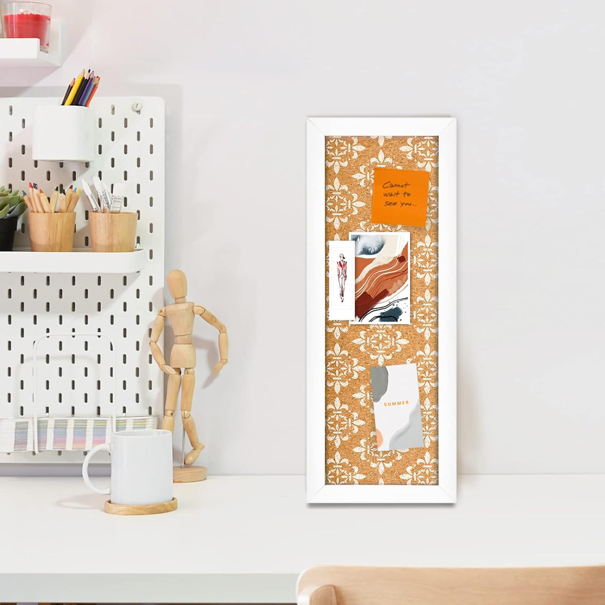 Long Decorative Cork Board for Walls, Bulletin Board with Floral Print, White Framed Pin Board Vision Board for Office School Bedroom and Dorm Room with Pins, Screws(1540,1pc)