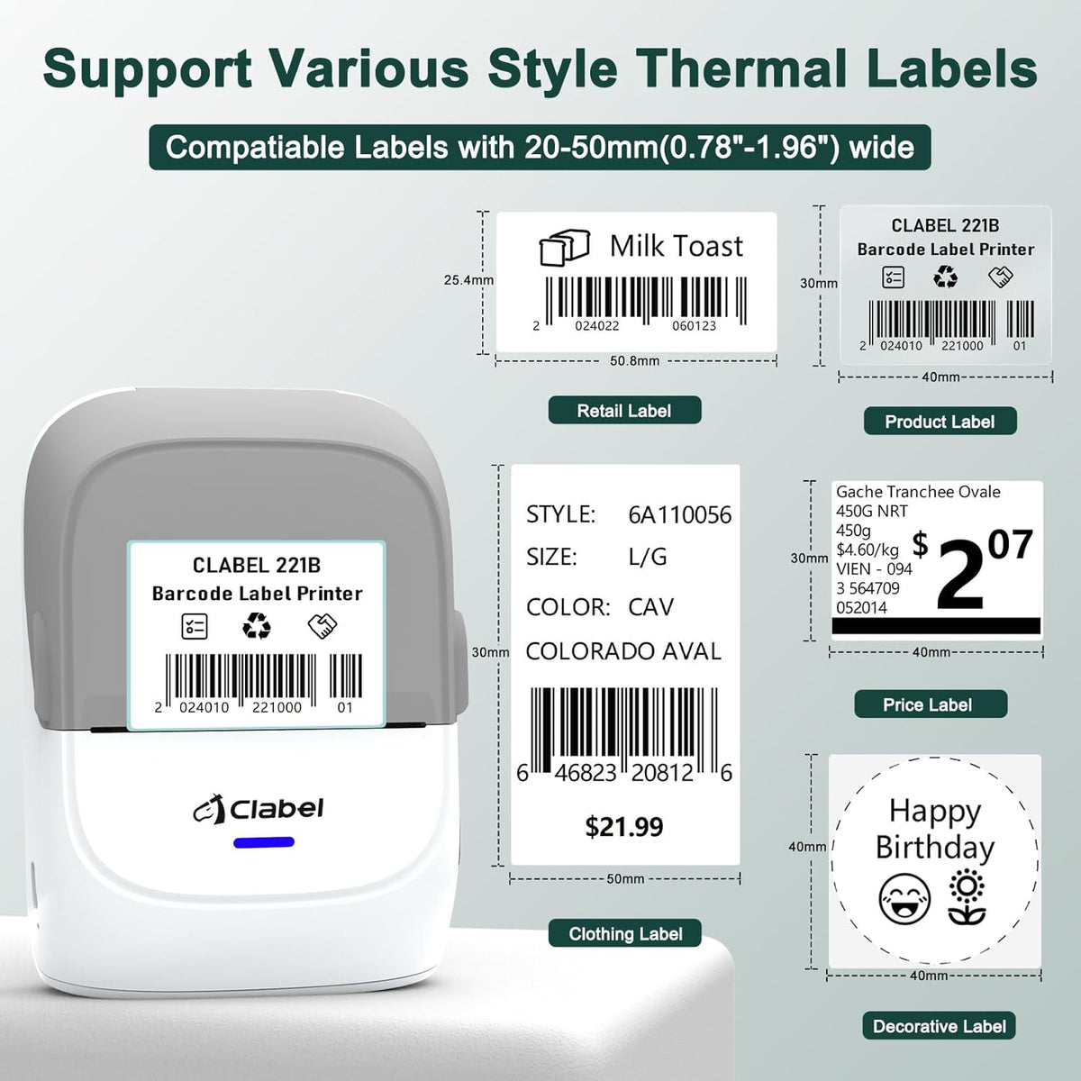 CLABEL Thermal Label Maker Machine 221B Mini Portable Label Printer Thermal Labeling Printing Machine Sticker Bluetooth Label Printer Barcode Inkless Labelmaker for Price Logo Clothing (Gray White)