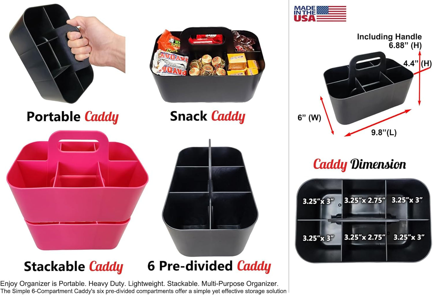 2 Pack Small 6 Compartment Multiuse Caddy Organizer with Handle Art Craft Supplies, Office, Desk, Stationery Pen Holder Stackable- Made In USA (Hot PInk)