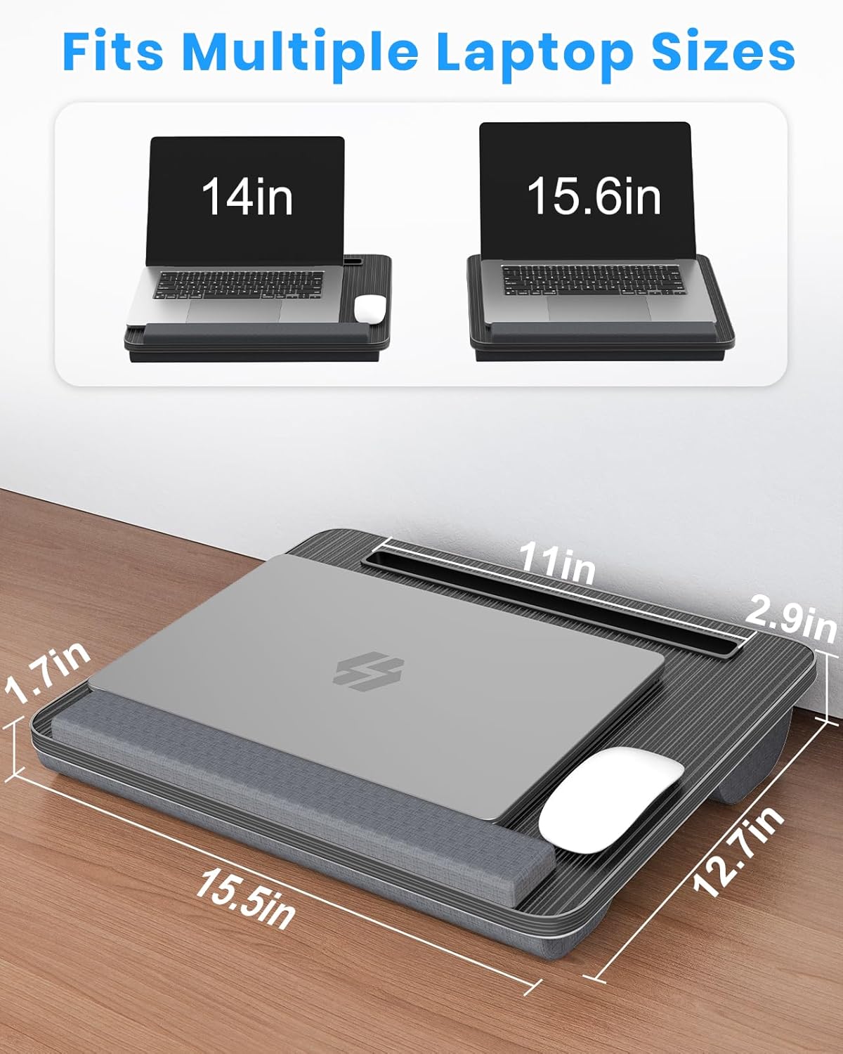 Portable Lap Desk, Laptop Stand for Bed with Soft Wrist Rest, Tablet/Phone Slot, Fabric Handle, Laptop Bed Desk with Cushion (Black)