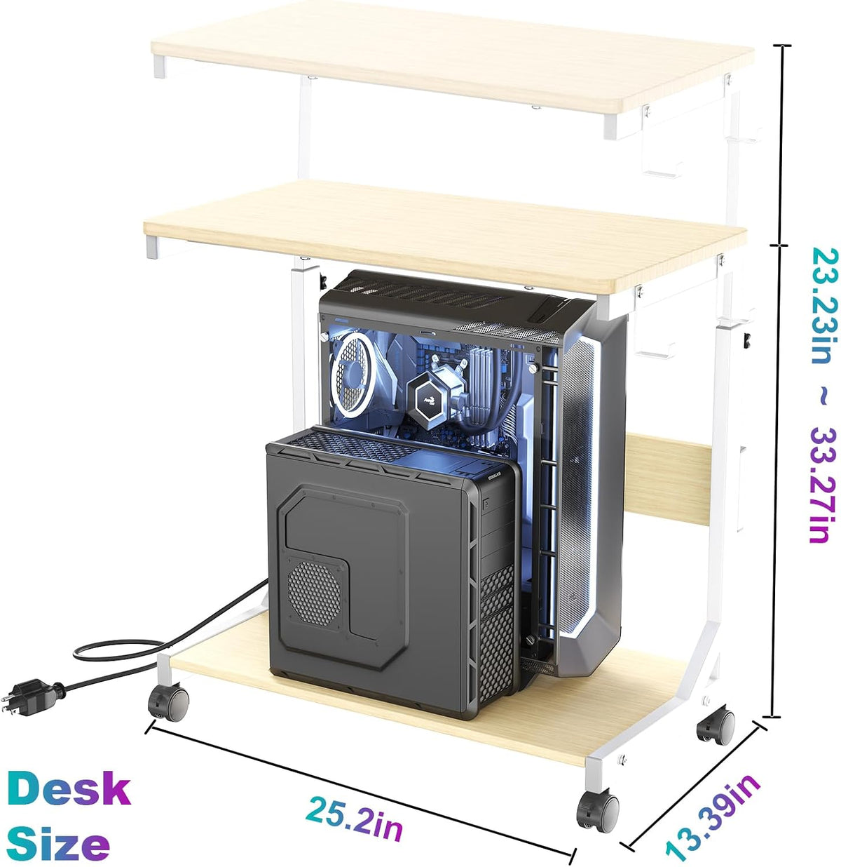 Height Adjustable Computer Tower Stand with Charge Station and USB Charging Port, 2-Tier ATX-Case Cart, Under Desk Mobile PC Stand, CPU Holder Cart with Locking Caster Wheels for Fits Most PC