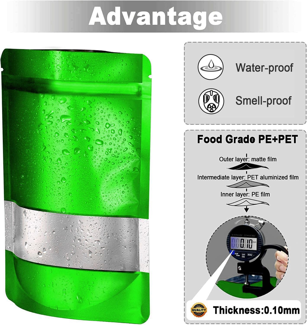 7.1"x10.2" 1 Quart 120pcs Mylar Bags for Food Storage,Smell Proof Bag with Matte Window Resealable Food Storage Bags for Small Business, Stand-up Foil Pouch Packaging Freeze Dried Candy Bag（Green）