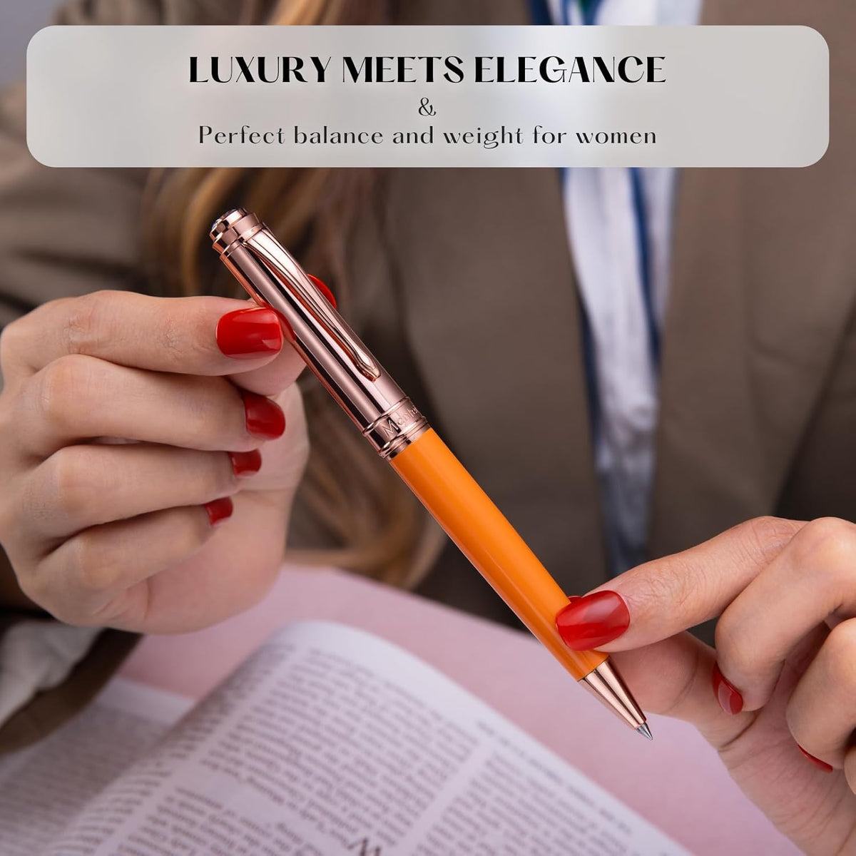 Luxury Gel Pen, Top Set With 8mm Brilliant Diamond,Bright Orange Pen Lacquer,Rose Real Gold Finish, Black Refill,Elegant Gift Pen For Women, Unique, Office,Nice Designer Pens
