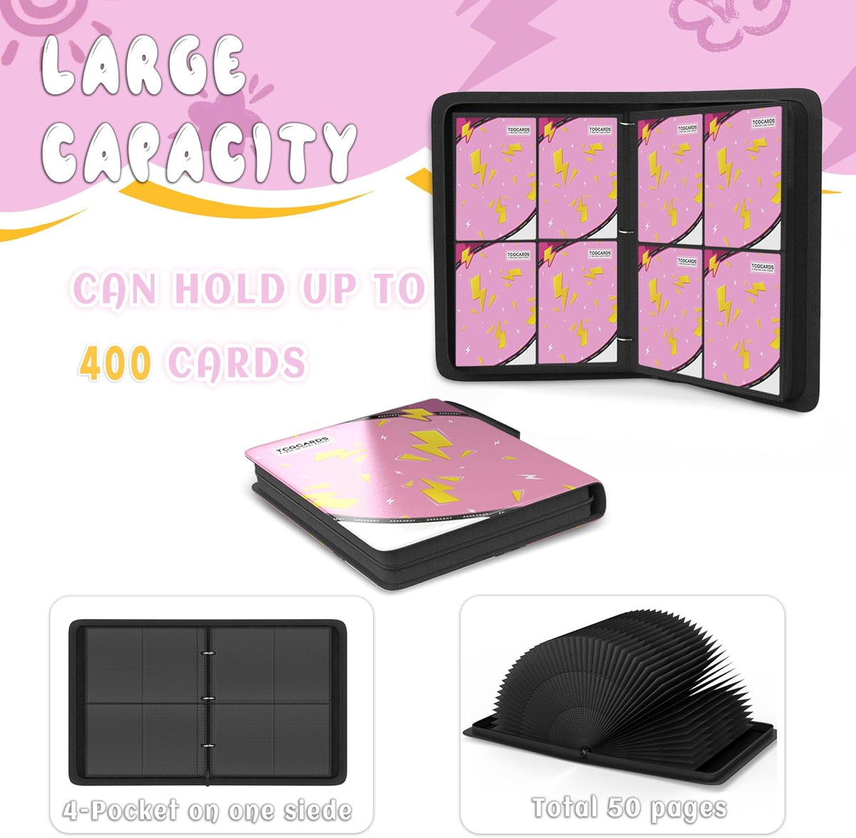 Trading Card Binder 4 Pocket，Card Binder 400 Pockets Card Book Holder Cards with 50 Removable Sleeves，3-Ring Zip Design MTG/TCG/Sport Collectible Trading Card Albums Gifts for Boys and Girls (Pink)