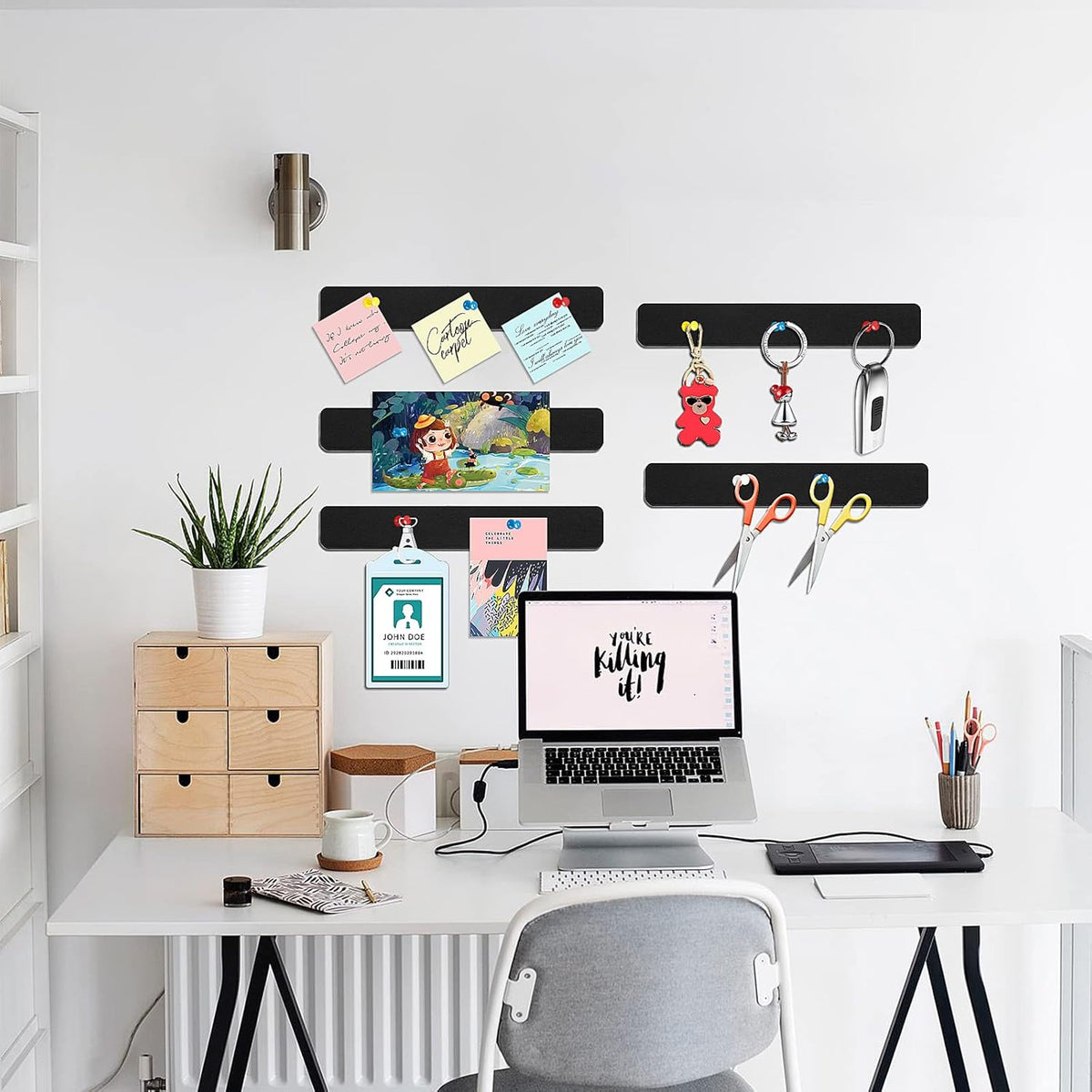 5 Pack Felt Pin Board Bar Strips Bulletin Board for Bedrooms Offices Home Wall Decoration, Notice Board Self Adhesive Cork Board with 35 Push Pins for Paste Notes, Photos, Schedules (Black)