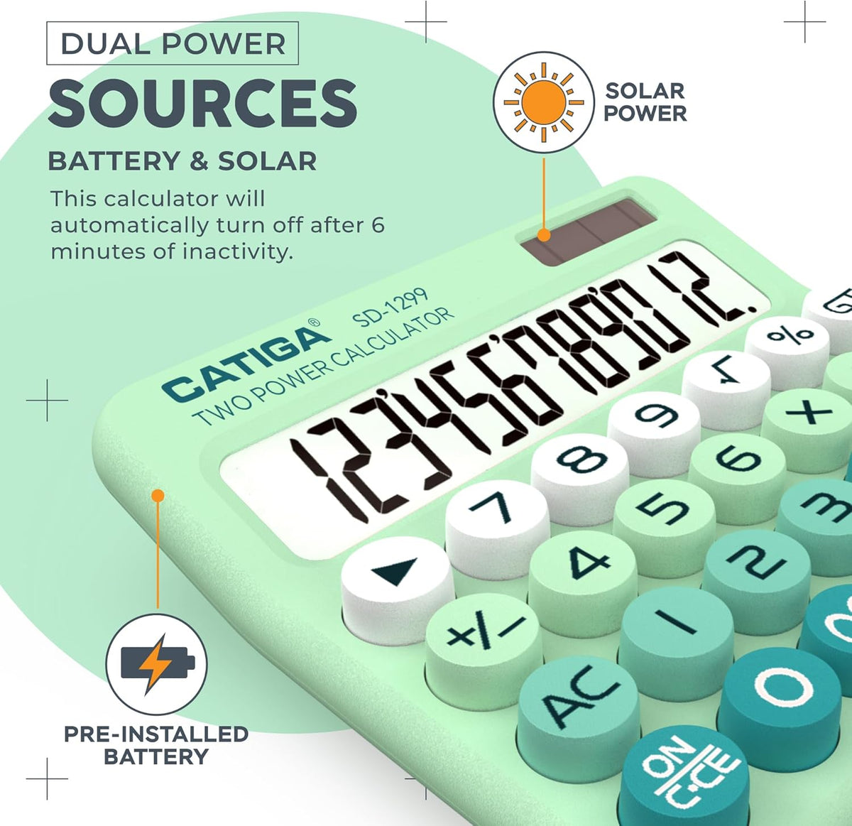 CATIGA Mechanical Switch Calculator with Solar and Battery Dual Power, 12-Digit Large LCD Display, Aesthetic and Cute Desktop Calculator with Big Button, for Home, School and Office Use, SD-1299