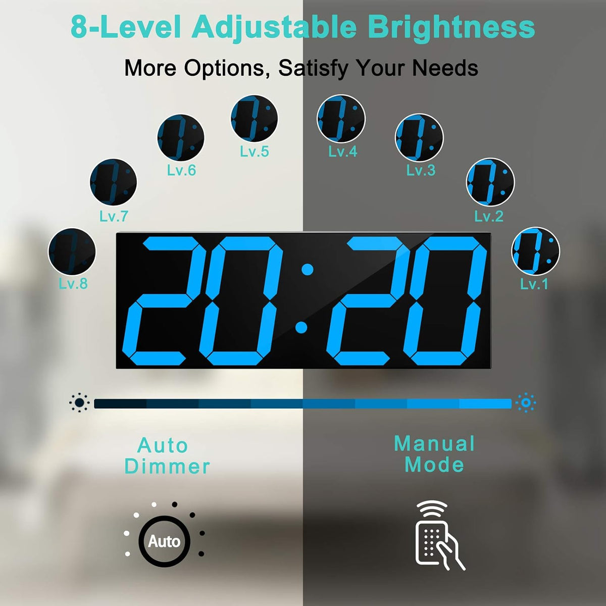 LED Large Digital Wall Clock, Oversize Wall Clock with 6” Numbers, Remote Control Count up/Countdown Timer Clock, Auto Dimmer, Big Calendar and Thermometer(Ice Blue)
