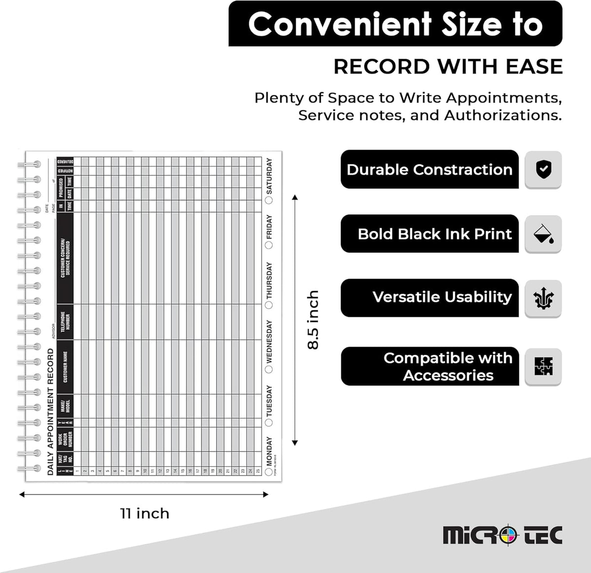MICRO TEC Daily Appointment Record Log Books – 8.5" × 11" Spiral Bound Planner – Durable 90# Paper Notebook for Auto Repair Shops, Service Advisors & Daily Tracking - 100 Pages/Book (Book of 1)