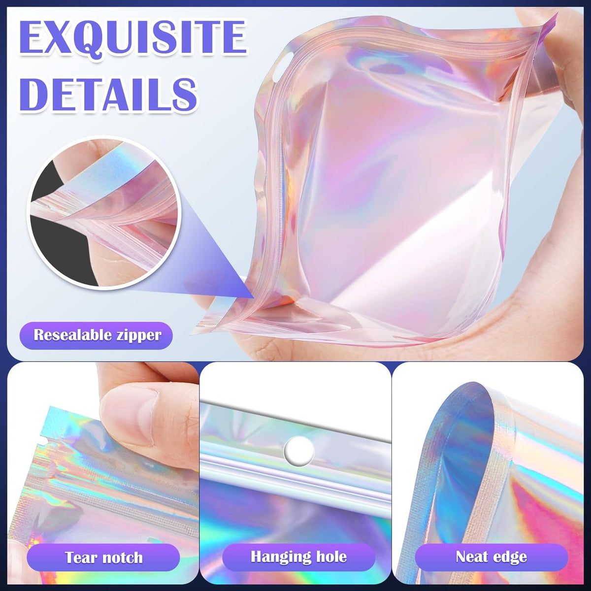 100 Pcs Smell Proof Bag, Zip Lock Mylar Bags with Clear Window, Resealable Holographic Bag for Gift, Jewelry, Snack, Candy, Treat, Small Business Packaging Bags, Small Goody Baggies (4x6in)
