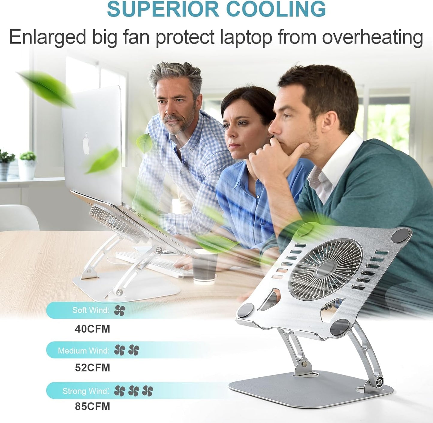 SHUWEI Laptop Cooling Stand with 3 Speed Fan, Adjustable Height & Angle, Carbon Steel Framework, Ultra-Quiet & Super Sturdy for up to 16”Laptop - Silver