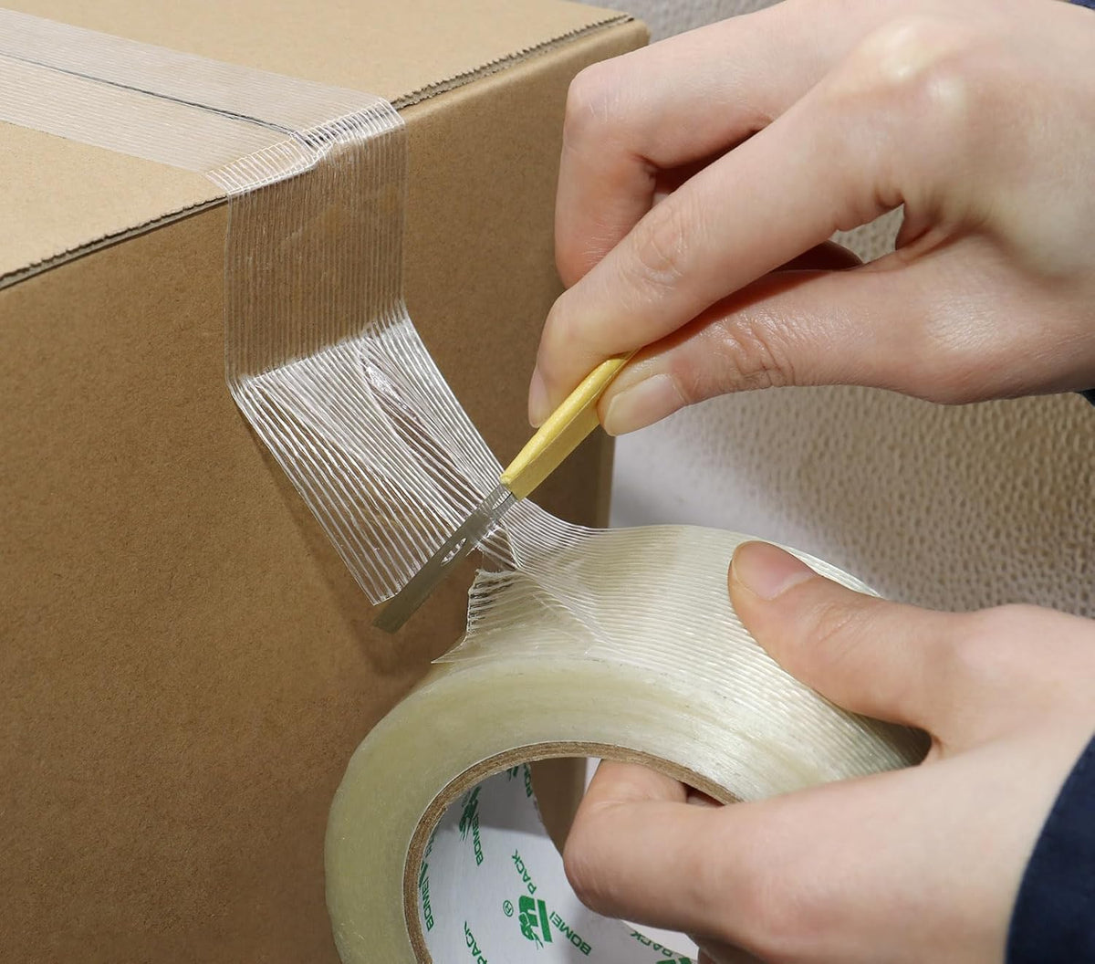 BOMEI PACK 12PACK Strapping Tape 2Inch, Heavy Duty Fiberglass Reinforced Packing Tape, 5.5Mil x 60Yds